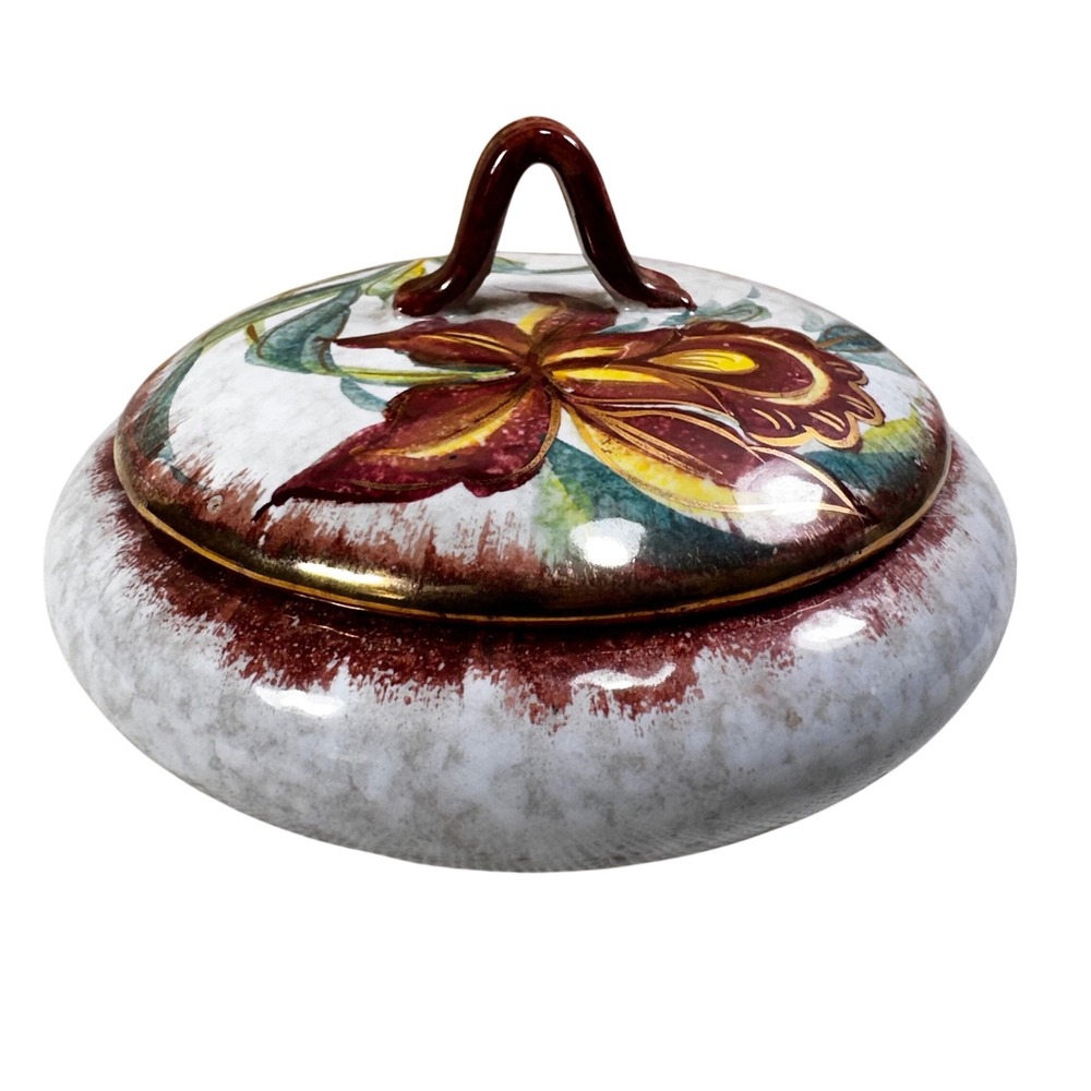 Italian Art Pottery Covered Dish Hand Painted Floral Trinket Bowl‎ vtg